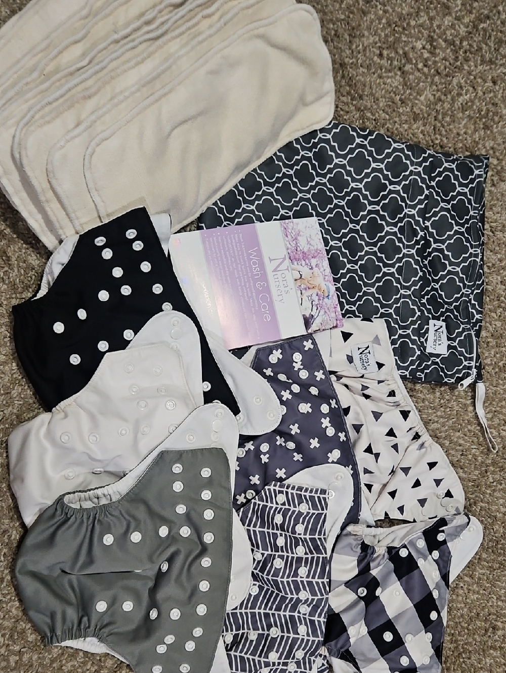 Reusable Cloth Diaper Covers And Inserts- Black, White & Gray